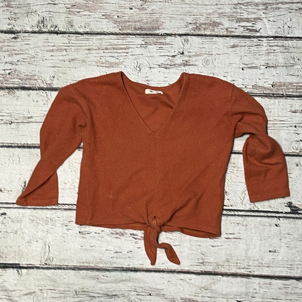 Madewell Sweater Women's Orange Texture Thread Cropped Tie Front Pullover
